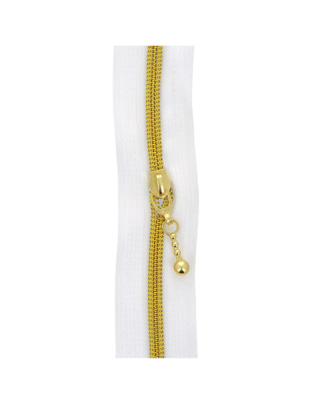 Rolo de 5 metros de fecho de nylon 5 mm com puxadores redondos - Branco e dourado