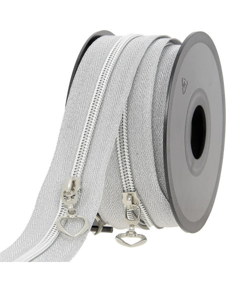 Rolo de 5 metros de fecho de nylon 5 mm com puxadores em forma de coração - Lurex prateado