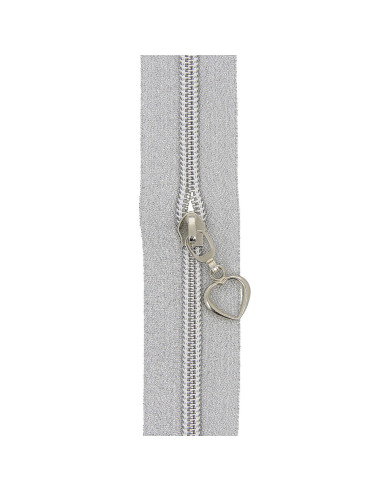 Rolo de 5 metros de fecho de nylon 5 mm com puxadores em forma de coração - Lurex prateado