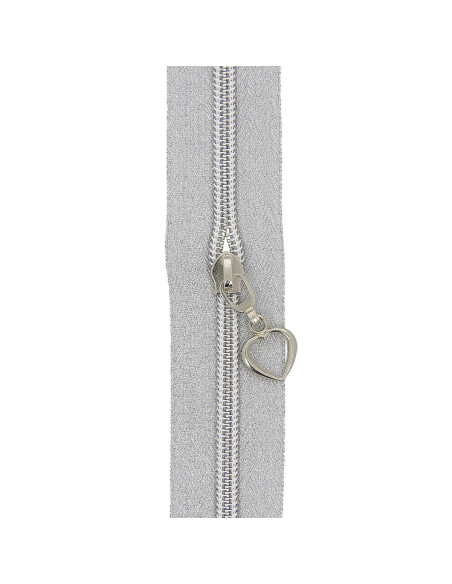 Rolo de 5 metros de fecho de nylon 5 mm com puxadores em forma de coração - Lurex prateado