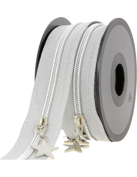 Rolo de 5 metros de fecho de nylon 5 mm com puxadores de estrelas - Lurex prateado