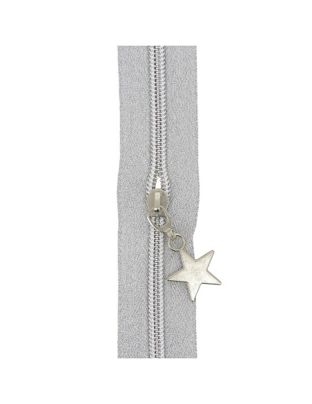 Rolo de 5 metros de fecho de nylon 5 mm com puxadores de estrelas - Lurex prateado