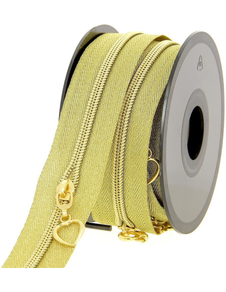 Rolo de 5 metros de fecho de nylon 5 mm com puxadores em forma de coração - Ouro lurex