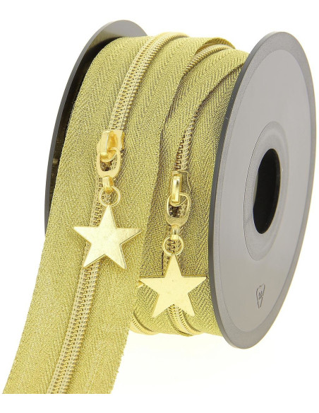 Rolo de 5 metros de fecho de nylon 5 mm com puxadores de estrelas - Ouro lurex