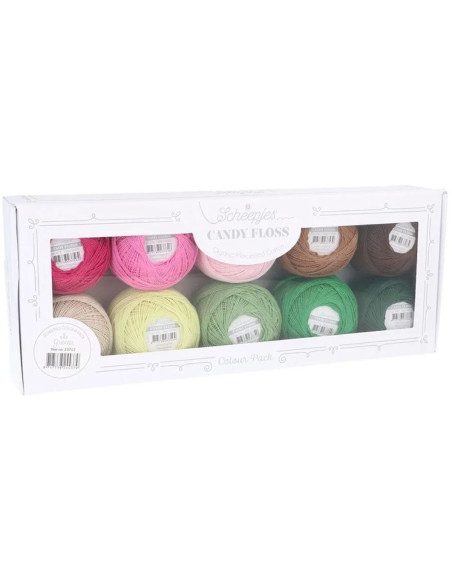 Caixa com 10 novelos de algodão perlé Scheepjes Candy Floss N°10 - Verdes
