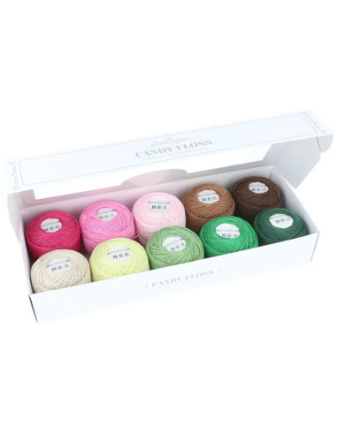 Caixa com 10 novelos de algodão perlé Scheepjes Candy Floss N°10 - Verdes