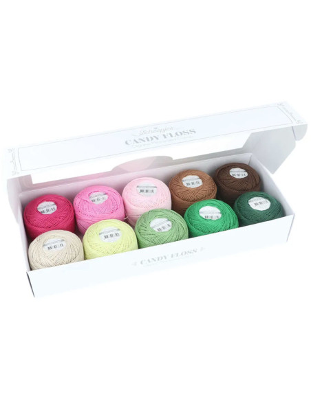 Caixa com 10 novelos de algodão perlé Scheepjes Candy Floss N°10 - Verdes