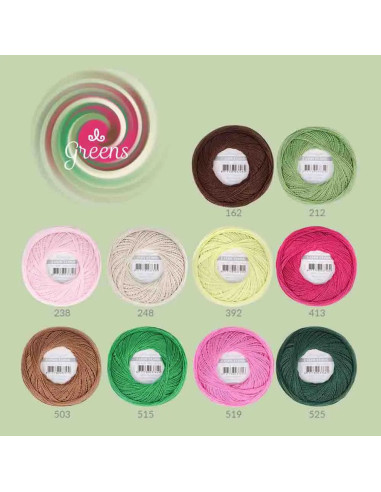 Caixa com 10 novelos de algodão perlé Scheepjes Candy Floss N°10 - Verdes