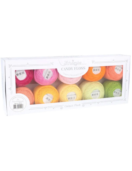 Caixa com 10 novelos de algodão perlé Scheepjes Candy Floss N°10 - Passionfruit