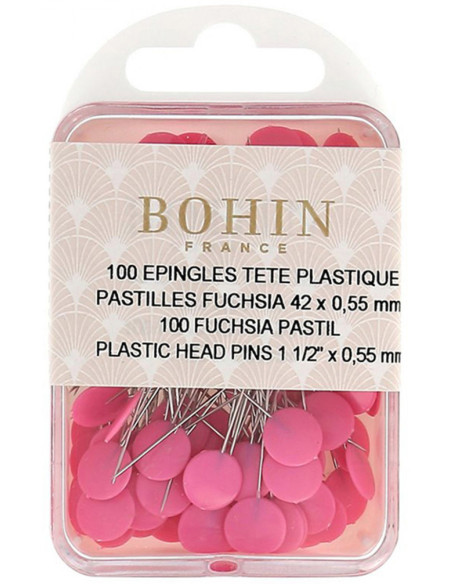 Caixa de 100 alfinetes com cabeça de plástico pastilhas fúcsia Bohin