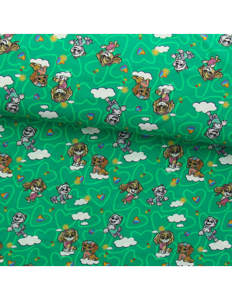 Tecido jersey Patrulha Pata - Nuvem fundo verde