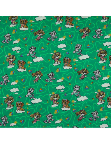 Tecido jersey Patrulha Pata - Nuvem fundo verde