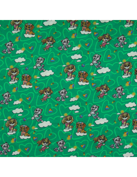 Tecido jersey Patrulha Pata - Nuvem fundo verde