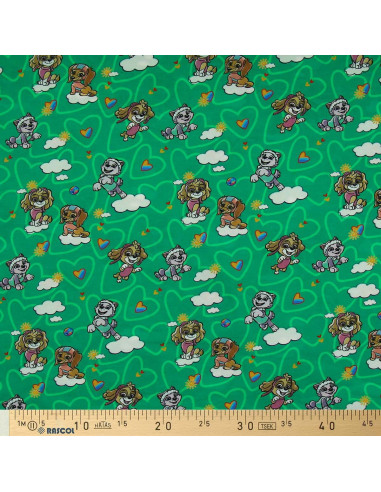 Tecido jersey Patrulha Pata - Nuvem fundo verde