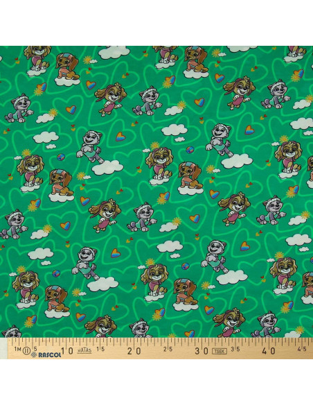 Tecido jersey Patrulha Pata - Nuvem fundo verde