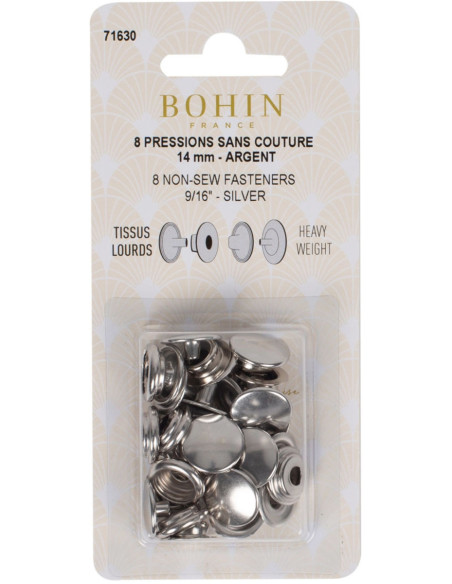 Caixa de 8 botões de pressão sem costura para tecidos pesados 14 mm Bohin - Prata