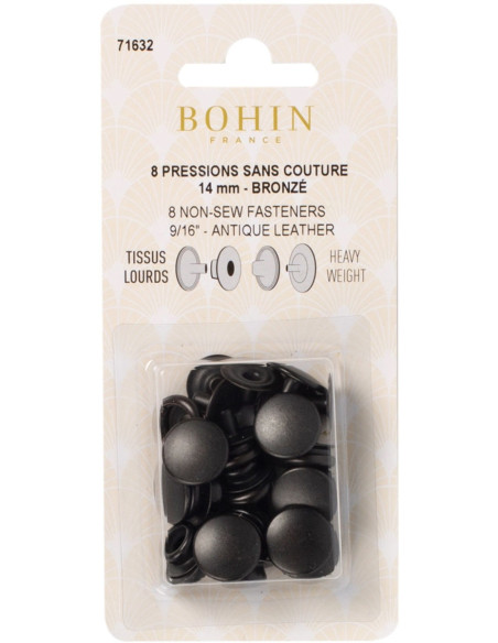 Caixa de 8 botões de pressão sem costura para tecidos pesados 14 mm Bohin - Bronze