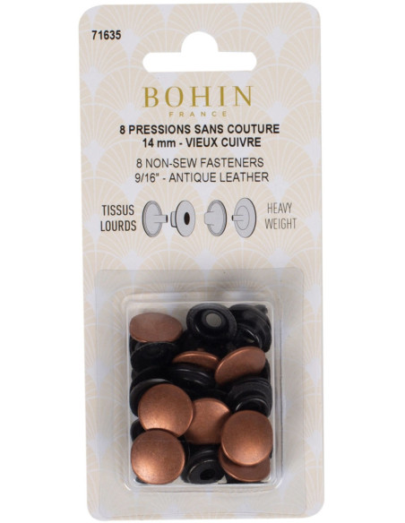 Caixa de 8 botões de pressão sem costura para tecidos pesados 14 mm Bohin - Cobre