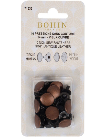 Caixa de 10 botões de pressão sem costura para tecidos médios 14 mm Bohin - Cobre