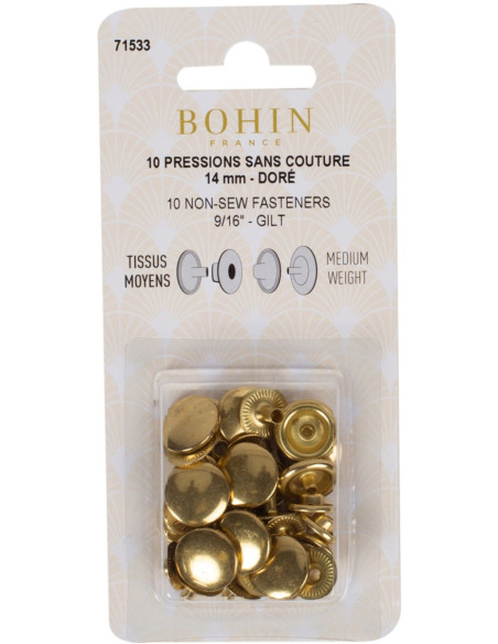 Caixa de 10 botões de pressão sem costura para tecidos médios 14 mm Bohin - Dourado