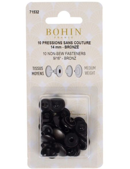 Caixa de 10 botões de pressão sem costura para tecidos médios 14 mm Bohin - Bronze