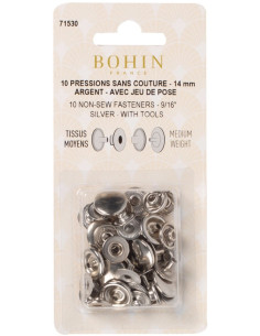 Caixa de 10 botões de pressão sem costura para tecidos médios 14 mm Bohin - Prata