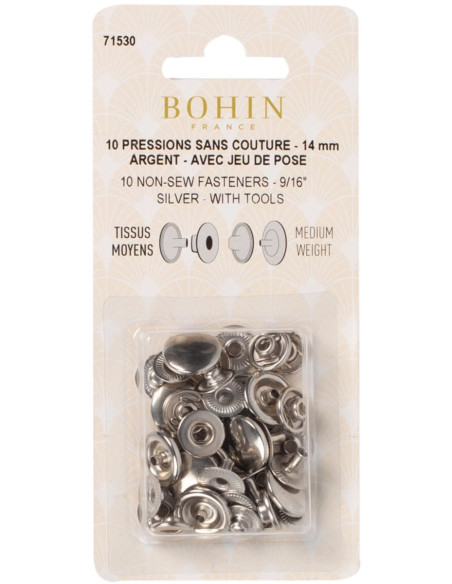 Caixa de 10 botões de pressão sem costura para tecidos médios 14 mm Bohin - Prata