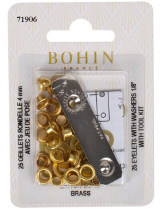 Caixa com 25 ilhós de 4 mm com arruelas e conjunto de aplicação Bohin - Dourado