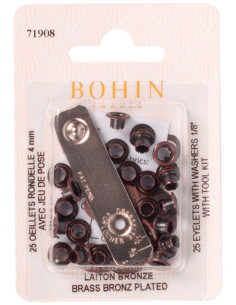 Caixa com 25 ilhós de 4 mm com arruelas e conjunto de aplicação Bohin - Bronze