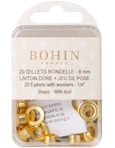 Caixa com 20 ilhós de 8 mm com arruelas e conjunto de aplicação Bohin - Dourado