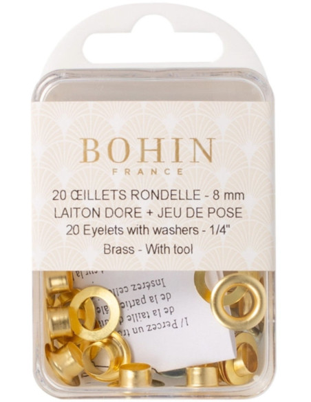 Caixa com 20 ilhós de 8 mm com arruelas e conjunto de aplicação Bohin - Dourado