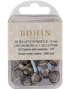 Caixa com 20 ilhós de 8 mm com arruelas e conjunto de aplicação Bohin - Prata