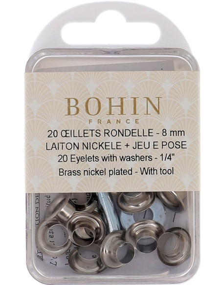 Caixa com 20 ilhós de 8 mm com arruelas e conjunto de aplicação Bohin - Prata