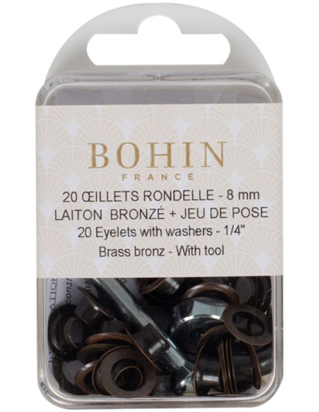 Caixa com 20 ilhós de 8 mm com arruelas e conjunto de aplicação Bohin - Bronze