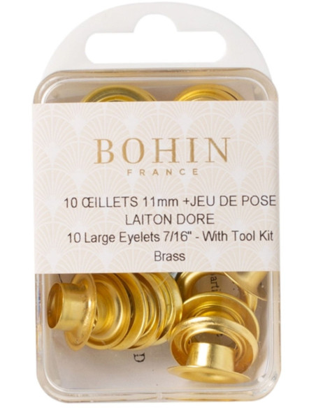 Caixa com 10 ilhós de 11 mm com arruelas e conjunto de aplicação Bohin - Dourado