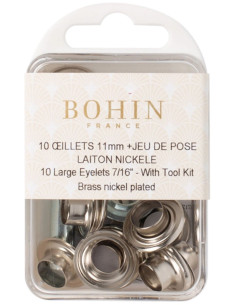 Caixa com 10 ilhós de 11 mm com arruelas e conjunto de aplicação Bohin - Prata