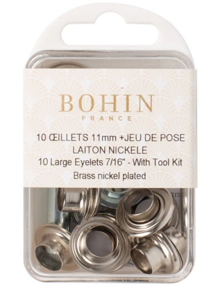 Caixa com 10 ilhós de 11 mm com arruelas e conjunto de aplicação Bohin - Prata