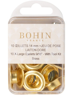 Caixa com 10 ilhós de 14 mm com arruelas e conjunto de aplicação Bohin - Dourado