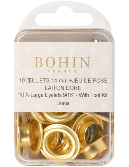 Caixa com 10 ilhós de 14 mm com arruelas e conjunto de aplicação Bohin - Dourado