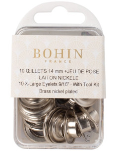Caixa com 10 ilhós de 14 mm com arruelas e conjunto de aplicação Bohin - Prata