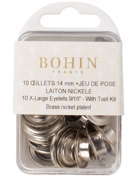 Caixa com 10 ilhós de 14 mm com arruelas e conjunto de aplicação Bohin - Prata