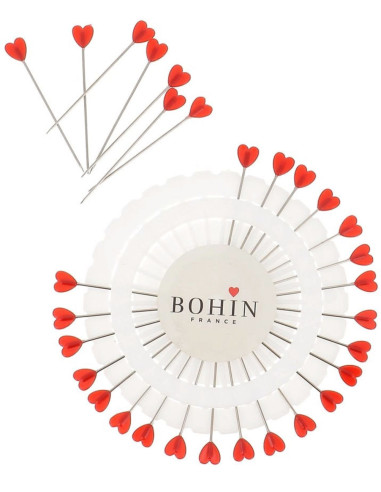 Disco de 30 alfinetes com cabeça de plástico em forma de coração vermelho Bohin