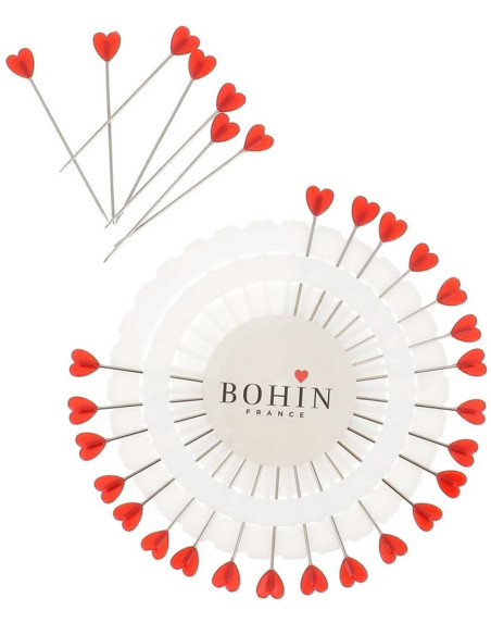 Disco de 30 alfinetes com cabeça de plástico em forma de coração vermelho Bohin