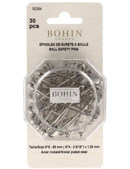 Caixa de 30 alfinetes de segurança com bola 58 mm Bohin