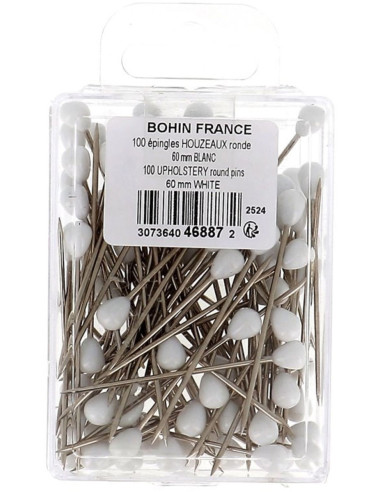 Caixa de 100 alfinetes de tapeceiro forma redonda branca Bohin