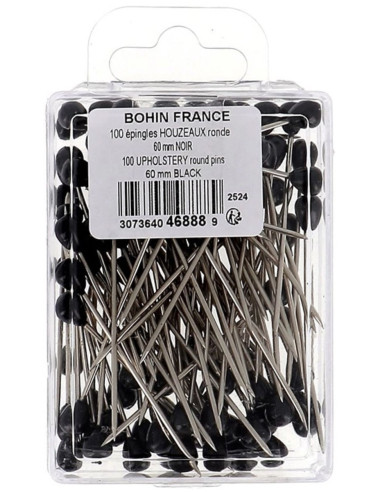 Caixa de 100 alfinetes de tapeceiro forma redonda preta Bohin