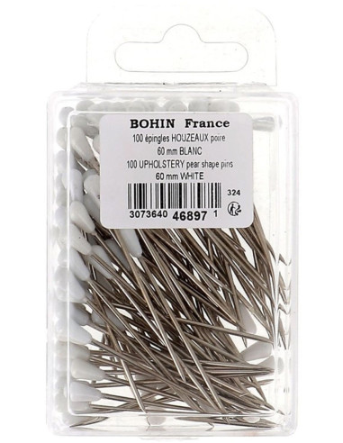 Caixa de 100 alfinetes de tapeceiro em forma de pêra branca Bohin