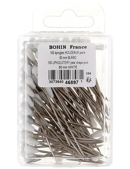 Caixa de 100 alfinetes de tapeceiro em forma de pêra branca Bohin