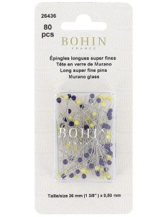 Caixa de 80 alfinetes longos superfinos com cabeça de vidro Murano azul e amarelo Bohin