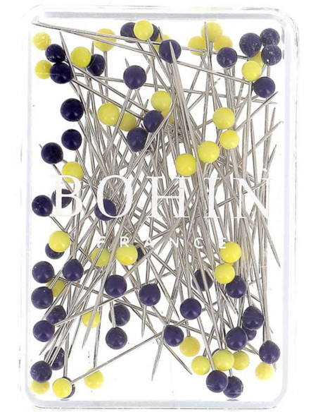Caixa de 80 alfinetes longos superfinos com cabeça de vidro Murano azul e amarelo Bohin